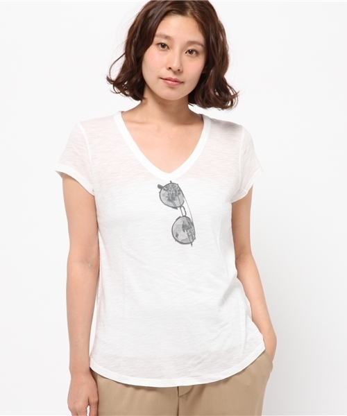 DouDou（ドゥドゥ）の「【DouDou】サングラスTシャツ（Tシャツ/カットソー・レディース・オフホワイト/サックスブルー/グリーン・FREE）」の4枚目の写真