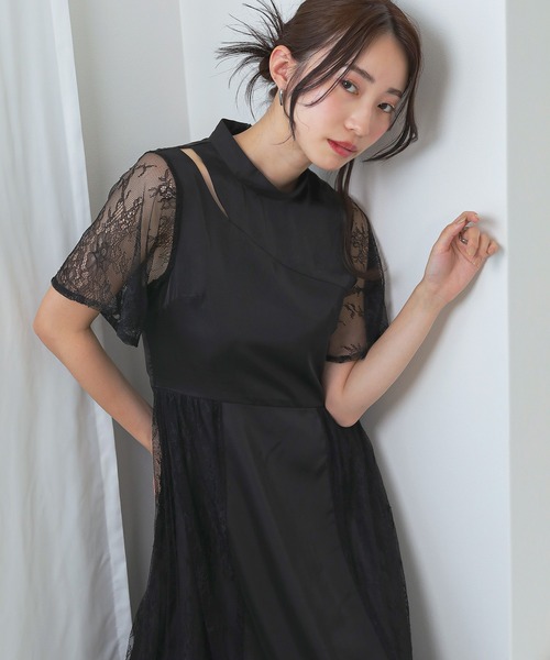 kana カナ　パーティードレス　オケージョン　ワンピース　結婚式　ブラック　黒 セール】幾何学柄 レース バックオープン ワンピース パーティー