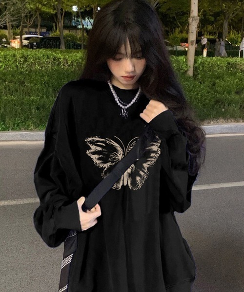 新品　アミリージュ　蝶のグラフィック バタフライプリントZIPTシャツ Free セール】ストリートバタフライプリントロングTシャツ（Tシャツ
