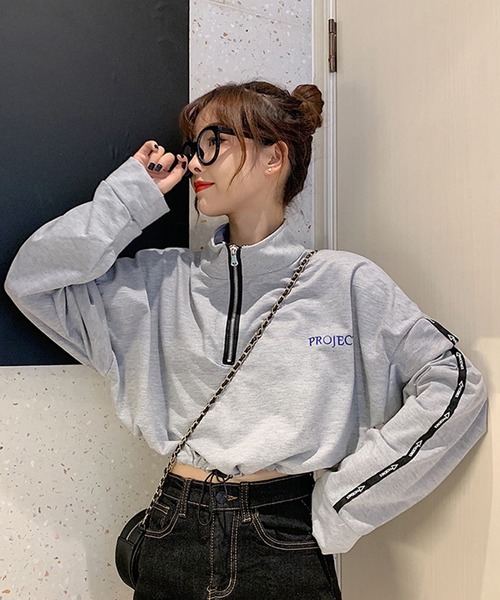SHEPP(シープ)の「ハーフジップ ショートトップス ロンT(スウェット・レディース・グレー/ブラック・M/S)」の15枚目の写真