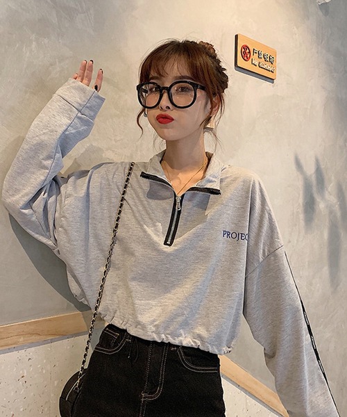 SHEPP(シープ)の「ハーフジップ ショートトップス ロンT(スウェット・レディース・グレー/ブラック・M/S)」の16枚目の写真