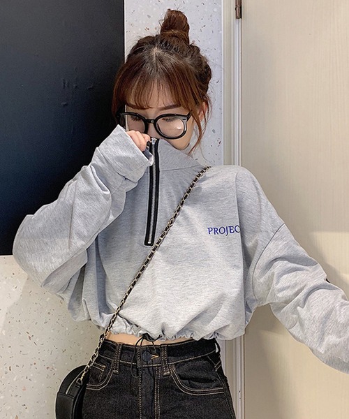 SHEPP(シープ)の「ハーフジップ ショートトップス ロンT(スウェット・レディース・グレー/ブラック・M/S)」の19枚目の写真