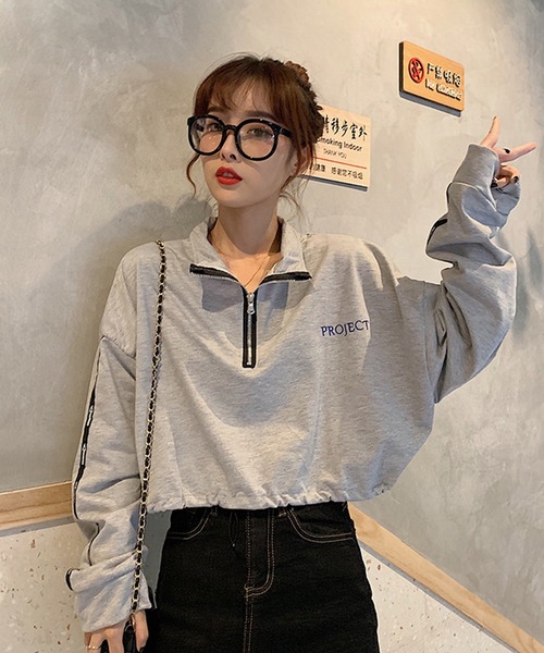 SHEPP(シープ)の「ハーフジップ ショートトップス ロンT(スウェット・レディース・グレー/ブラック・M/S)」の22枚目の写真