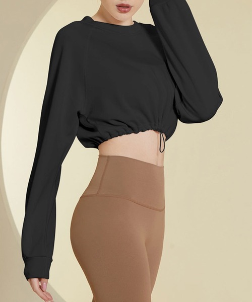 HYSSHOP（エイチワイエスショップ）の「レディース 長袖クロップド丈ドローコードヨガウェアピラティストップス[トレーニングウェア/ジムウェア/ピラティスウェア]（その他トップス・レディース・ブラック/オフホワイト/ベージュ/ターコイズブルー/グレー系その他・S/M/L）」の8枚目の写真