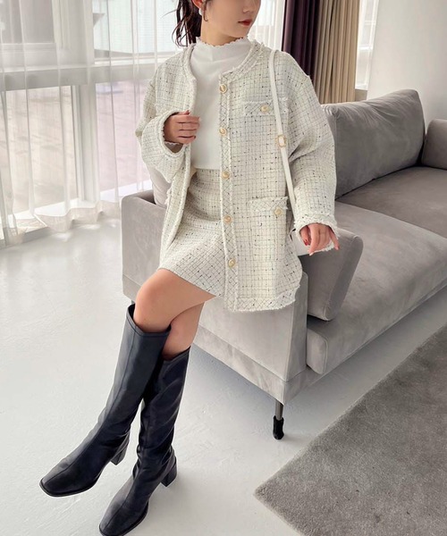 one after another NICE CLAUP（ワンアフターアナザーナイスクラップ）の「ツイードミニフレアスカート/セットアップジャケットあり（スカート・レディース・アイボリー/ブラック/ピンク・FREE）」の13枚目の写真