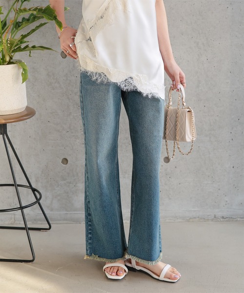 Petitle（プチレ）の「低身長向けサイズ 選べる2タイプ 裾フリンジストレートデニムパンツ（デニムパンツ・レディース・ライトブルー/ブルー系/ブルー系1/インディゴブルー/ホワイト/ホワイト系/その他1/アイボリー系/その他/アイボリー系1・PL/PM/PS/LP/MP/SP）」の9枚目の写真