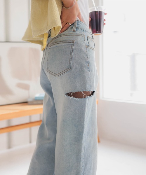 低身長向けサイズ 選べる2タイプ 裾フリンジストレートデニムパンツ 