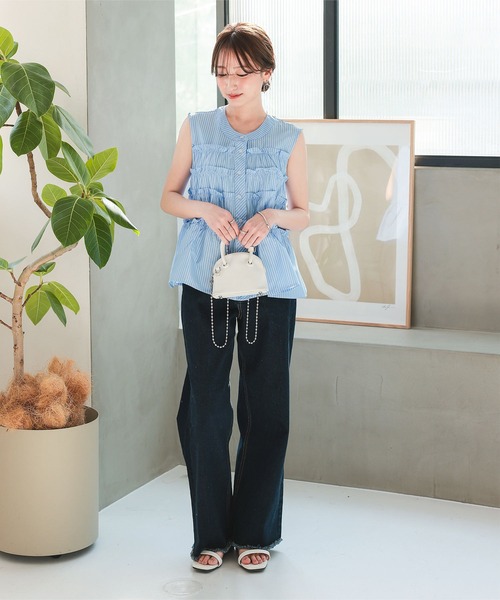 低身長向けサイズ 選べる2タイプ 裾フリンジストレートデニム