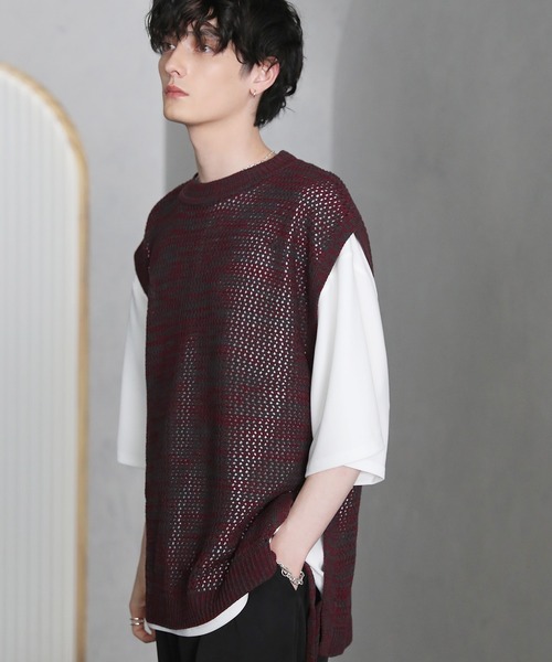 ETELIO（エテリオ）の「サイドレース透かし編みメランジメッシュベスト（ベスト・メンズ・ワイン系/グレー系/ブルー系/ブラック系・S/M/L）」の9枚目の写真