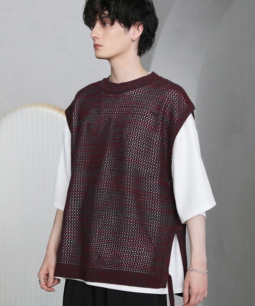 ETELIO（エテリオ）の「サイドレース透かし編みメランジメッシュベスト（ベスト・メンズ・ワイン系/グレー系/ブルー系/ブラック系・S/M/L）」の12枚目の写真