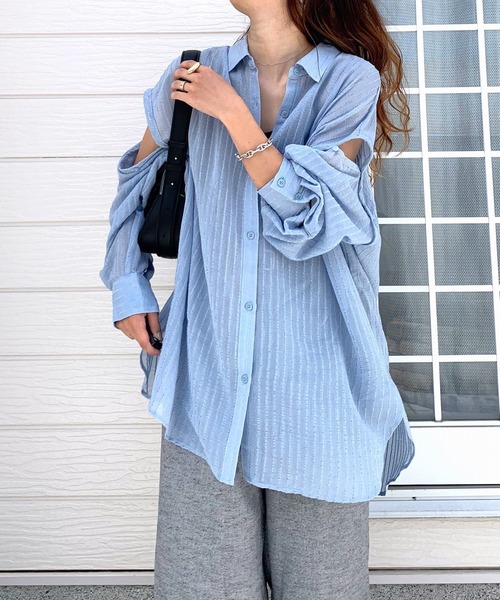 Q（キュー）の「シアーマルチwayシャツ（シャツ/ブラウス・レディース・ブラック/ライトブルー・MEDIUM）」の13枚目の写真