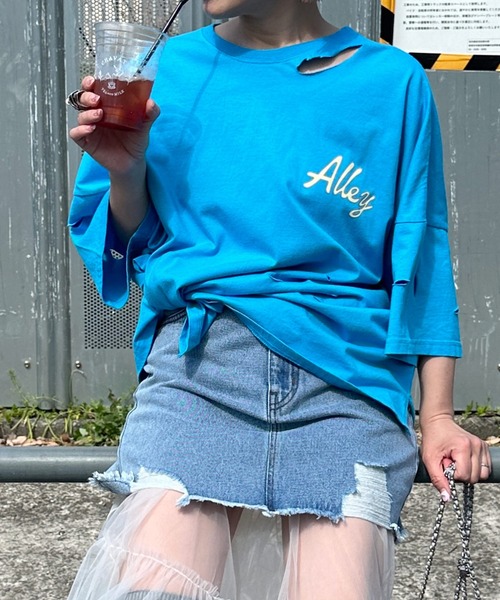 Alley by w closet(アリーバイダブルクローゼット)の「【Alley】プリントダメージTEE(Tシャツ/カットソー・レディース・ターコイズブルー/オフホワイト/スミクロ・FREE)」の3枚目の写真