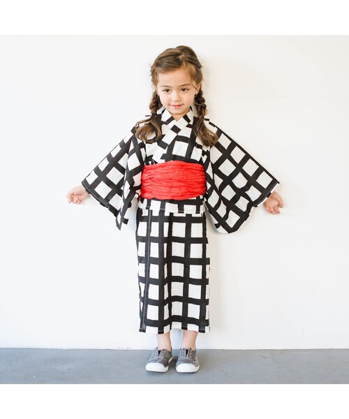 p.premier（ピードットプルミエ）の「BIG格子柄２WAY浴衣（浴衣・キッズ・レッド/ブラック/ターコイズブルー・120/110/100/90/140/130）」の4枚目の写真