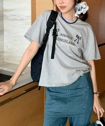 Y2K ラウンドネックリボン刺繍綿Tシャツ