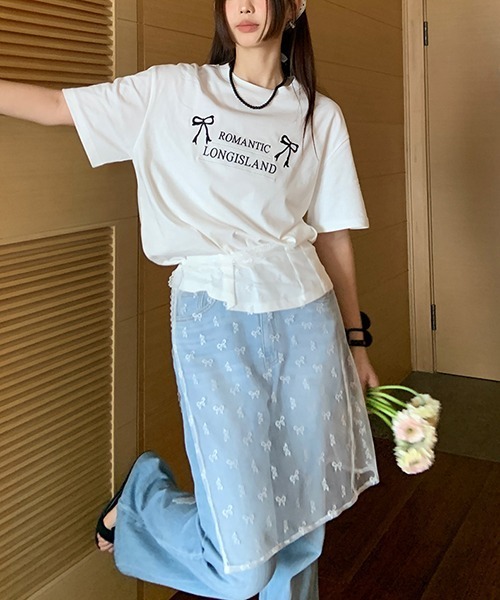 gossip!ロサンゼルス(ゴシップロサンゼルス)の「Y2K ラウンドネックリボン刺繍綿Tシャツ(Tシャツ/カットソー・レディース・オフホワイト/グレー・FREE)」の8枚目の写真