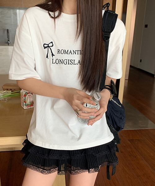 gossip!ロサンゼルス(ゴシップロサンゼルス)の「Y2K ラウンドネックリボン刺繍綿Tシャツ(Tシャツ/カットソー・レディース・オフホワイト/グレー・FREE)」の3枚目の写真