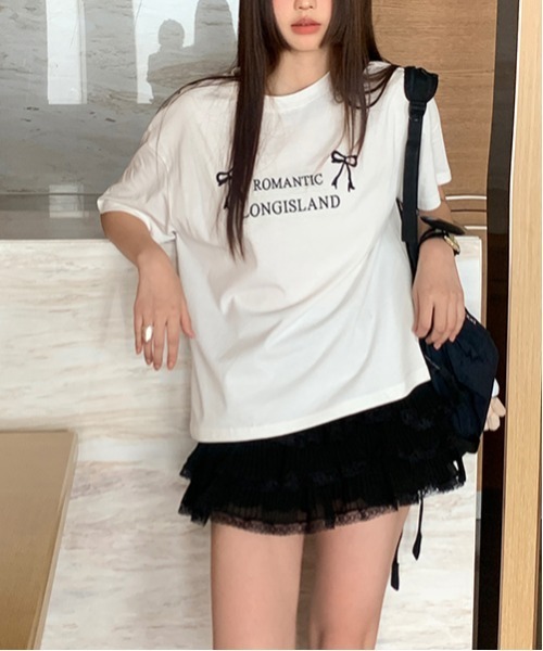 gossip!ロサンゼルス(ゴシップロサンゼルス)の「Y2K ラウンドネックリボン刺繍綿Tシャツ(Tシャツ/カットソー・レディース・オフホワイト/グレー・FREE)」の4枚目の写真