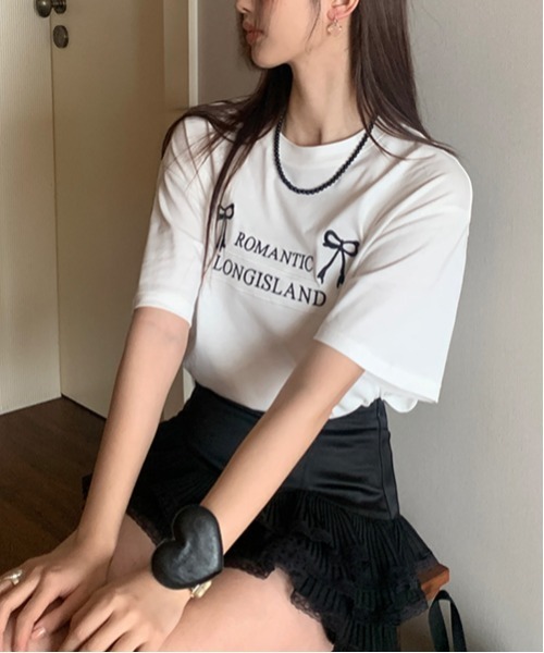 gossip!ロサンゼルス(ゴシップロサンゼルス)の「Y2K ラウンドネックリボン刺繍綿Tシャツ(Tシャツ/カットソー・レディース・オフホワイト/グレー・FREE)」の10枚目の写真