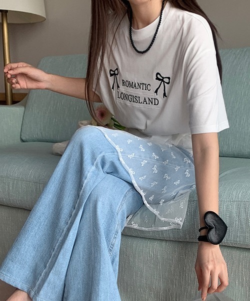 gossip!ロサンゼルス(ゴシップロサンゼルス)の「Y2K ラウンドネックリボン刺繍綿Tシャツ(Tシャツ/カットソー・レディース・オフホワイト/グレー・FREE)」の11枚目の写真
