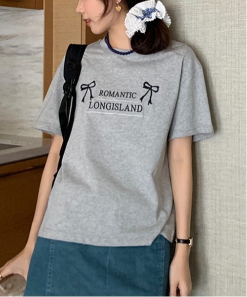 gossip!ロサンゼルス(ゴシップロサンゼルス)の「Y2K ラウンドネックリボン刺繍綿Tシャツ(Tシャツ/カットソー・レディース・オフホワイト/グレー・FREE)」の14枚目の写真