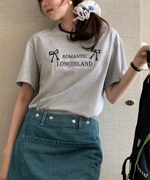 gossip!ロサンゼルス(ゴシップロサンゼルス)の「Y2K ラウンドネックリボン刺繍綿Tシャツ(Tシャツ/カットソー・レディース・オフホワイト/グレー・FREE)」の18枚目の写真