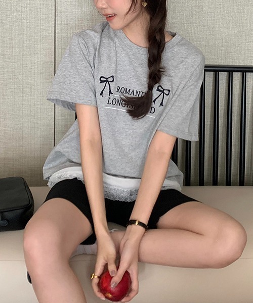 gossip!ロサンゼルス(ゴシップロサンゼルス)の「Y2K ラウンドネックリボン刺繍綿Tシャツ(Tシャツ/カットソー・レディース・オフホワイト/グレー・FREE)」の20枚目の写真