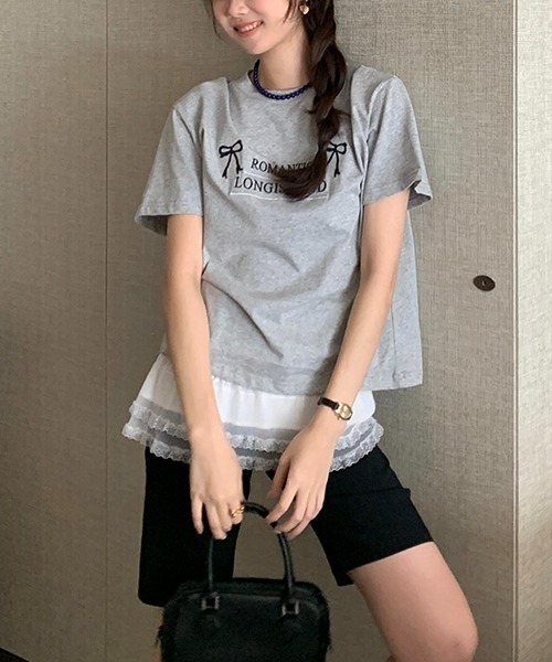 gossip!ロサンゼルス(ゴシップロサンゼルス)の「Y2K ラウンドネックリボン刺繍綿Tシャツ(Tシャツ/カットソー・レディース・オフホワイト/グレー・FREE)」の22枚目の写真