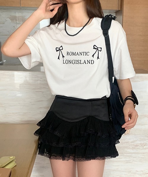 gossip!ロサンゼルス(ゴシップロサンゼルス)の「Y2K ラウンドネックリボン刺繍綿Tシャツ(Tシャツ/カットソー・レディース・オフホワイト/グレー・FREE)」の12枚目の写真