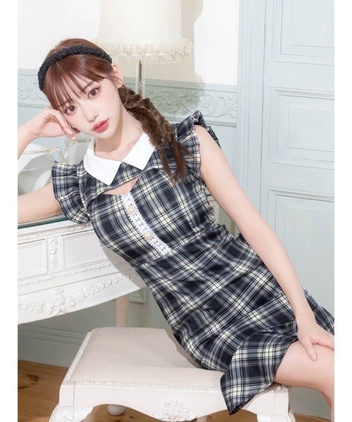 チェック ホールレース ライン フリル袖 マーメイド ミニドレス（ドレス）｜DAZZY（デイジー）