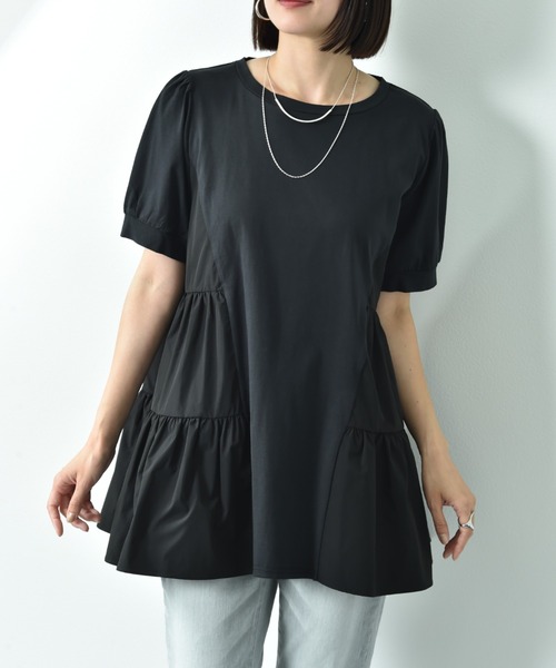 INTERPLANET（インタープラネット）の「シルケット天竺ギャザーデザインプルオーバー（Tシャツ/カットソー・レディース・オフホワイト/ブラック・FREE）」の2枚目の写真