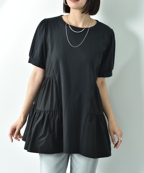 INTERPLANET（インタープラネット）の「シルケット天竺ギャザーデザインプルオーバー（Tシャツ/カットソー・レディース・オフホワイト/ブラック・FREE）」の9枚目の写真