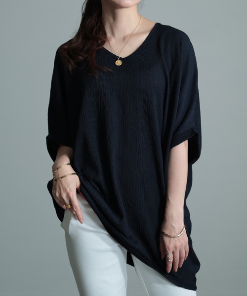 Sawa a la mode（サワアラモード）の「立体生地シボ風ドルマンチュニック（Tシャツ/カットソー・レディース・ネイビー/ブラック/ホワイト/グリーン・FREE）」の4枚目の写真