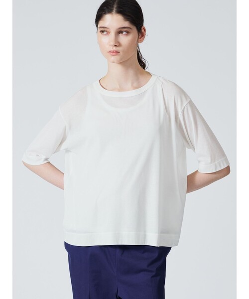 mizuiroind(ミズイロインド)の「mizuiro ind ガーゼクルーネックハーフスリーブT(Tシャツ/カットソー・レディース・オフホワイト/ブルー/ブラック/グリーン/ピンク/ベージュ/ネイビー・FREE)」の1枚目の写真