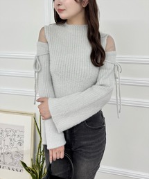 ラメショートフェザー肩シアーニットトップス [大人 フェミニン 肌見せ 華やか]≪再入荷≫