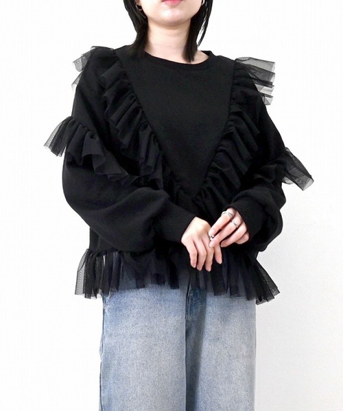 tシャツ 裏起毛×チュールフリルプルオーバー レディース セール】裏起毛×チュールフリルプルオーバー（Tシャツ