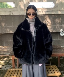 Blue Verona イタリア製　エコファーコート　異素材切替　ダブルジップ Blue Verona イタリア製 エコファーコート 異素材切替 ダブルジップ