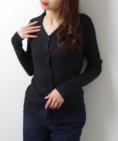 Lace Ladies(レースレディース)の「Vネック テーラードカラー リブニット セーター トップス(ニット/セーター・レディース・グレー/アイボリー/グレイッシュベージュ/ブラック・FREE)」の1枚目の写真