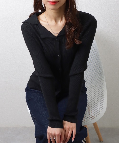 Lace Ladies(レースレディース)の「Vネック テーラードカラー リブニット セーター トップス(ニット/セーター・レディース・グレー/アイボリー/グレイッシュベージュ/ブラック・FREE)」の9枚目の写真