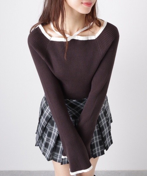 Lace Ladies（レースレディース）の「スクエア ボートネック 配色 ホルター ニット プルオーバー（ニット/セーター・レディース・アイボリー/ブラック/モカ・FREE/S）」の5枚目の写真