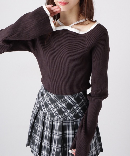 Lace Ladies（レースレディース）の「スクエア ボートネック 配色 ホルター ニット プルオーバー（ニット/セーター・レディース・アイボリー/ブラック/モカ・FREE/S）」の7枚目の写真