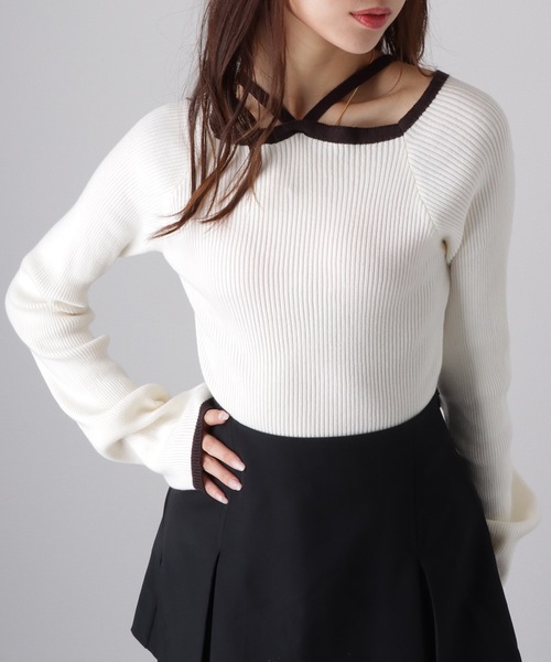 Lace Ladies（レースレディース）の「スクエア ボートネック 配色 ホルター ニット プルオーバー（ニット/セーター・レディース・アイボリー/ブラック/モカ・FREE/S）」の15枚目の写真
