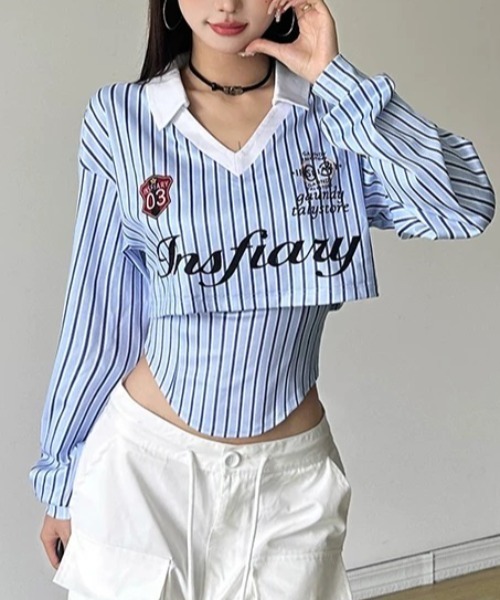 セール】ストライプ柄ゲームシャツセパレートトップス（Tシャツ