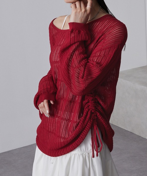 セール】【nui nullu】サイドシャーリングリボンシアーニットトップス