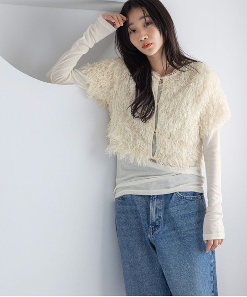 LOWRYS FARM(ローリーズファーム)の「2WAYフリンジフェザー2P 293472(Tシャツ/カットソー・レディース・アイボリー/ブラック/ブルー・FREE)」の6枚目の写真