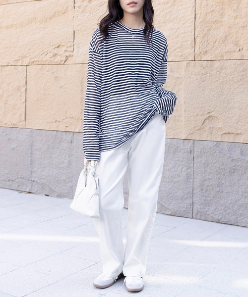Doux Belle（ドゥーベル）の「ボーダー柄ロング丈Tシャツ（Tシャツ/カットソー・レディース・ネイビー/ブラック/グレー・MEDIUM）」の9枚目の写真