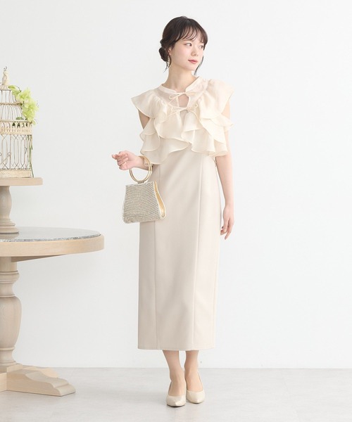 earth music&ecology（アースミュージックアンドエコロジー）の「SET2点フリルボレロ＋ナローワンピース（ドレス・レディース・ブラック/ライトベージュ・M/S）」の2枚目の写真