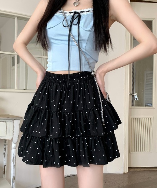 LAC-VERT（ラック・ヴェール）の「柄アソートミニ丈ティアードスカート(インパン付き)（スカート・レディース・ブラック/アイボリー/ホワイト/ブラウン/ブラック系その他・FREE）」の4枚目の写真