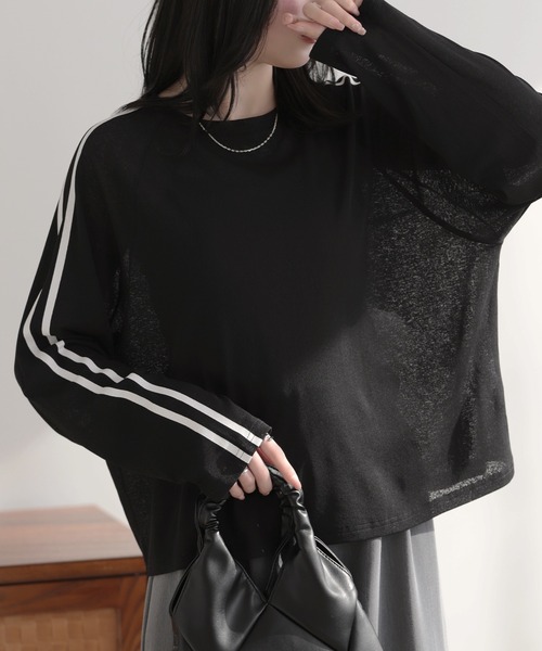 SUNFLOWER EIGHT(サンフラワーエイト)の「袖ラインシアートップス(Tシャツ/カットソー・レディース・ブラック/ライトグレー/チャコールグレー/アイボリー・M/L)」の3枚目の写真