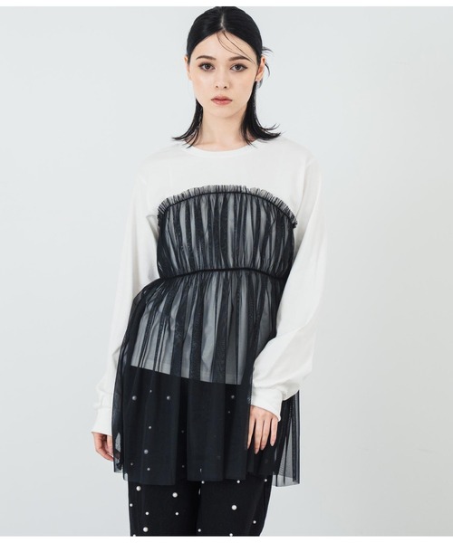 ANAP(アナップ)の「チュールドッキングロンT(Tシャツ/カットソー・レディース・ホワイト/ブラック・FREE)」の1枚目の写真