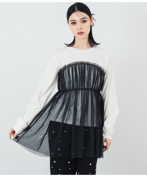 ANAP(アナップ)の「チュールドッキングロンT(Tシャツ/カットソー・レディース・ホワイト/ブラック・FREE)」の9枚目の写真